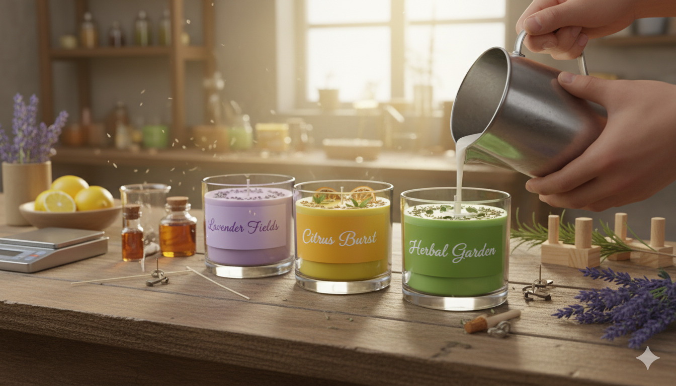 Hand-poured candles in workshop